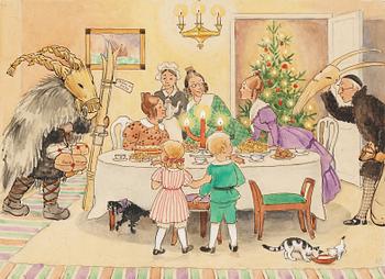 95. Elsa Beskow, Petter och Lotta överraskas av två julbockar.