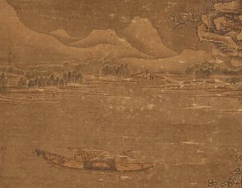 A hanging scroll of a river and mountain landscape in the style of Liu Songnian (1155-1218), Qing dynasty, 19th century.