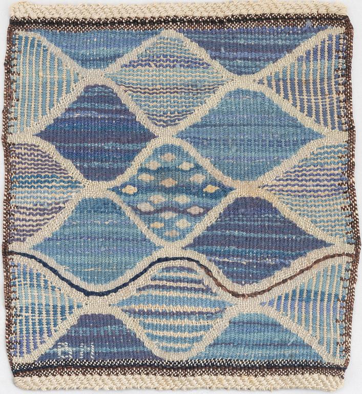Barbro Nilsson, textile, "Blåspättan", tapestry variant, approx. 31 x 28 cm, signed BN (Barbro Nilsson, AB MMF).