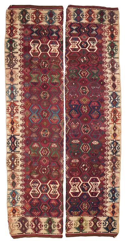ANTIQUE AKSARAY, PROBABLY, KILIM. 2 parts. 324 x 81,5 as well as 329 x 76 cm.