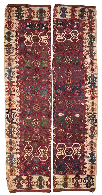 ANTIQUE AKSARAY, PROBABLY, KILIM. 2 parts. 324 x 81,5 as well as 329 x 76 cm.