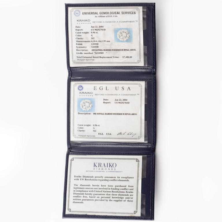 Ring, solitaire, white gold with brilliant-cut diamond 0.96 ct.