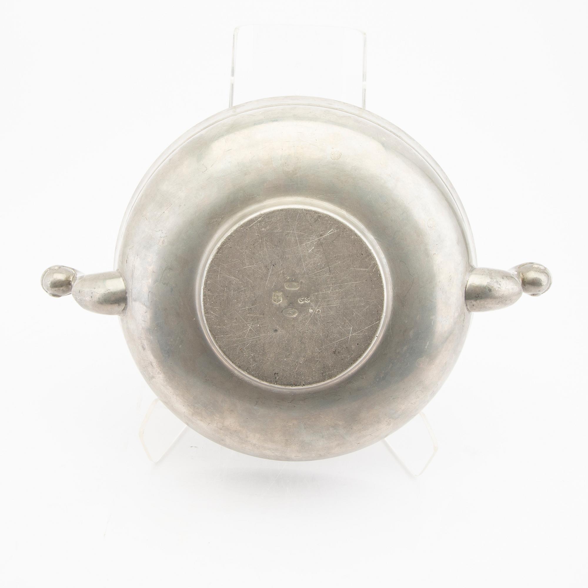 Edvin Ollers, a set of two pewter candle sticks and one bowl 1950.