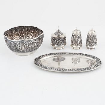 A Sterling Silver Cruet Set and a Bowl, Thailand.