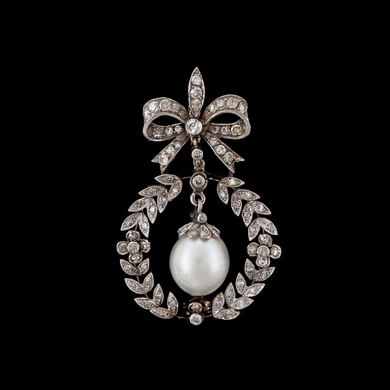 A cultured pearl and diamond brooch. Early 20th century.