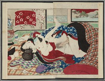 TRÄSNITT, 2 st av okänd konstnär. Japan, 1800-tal.