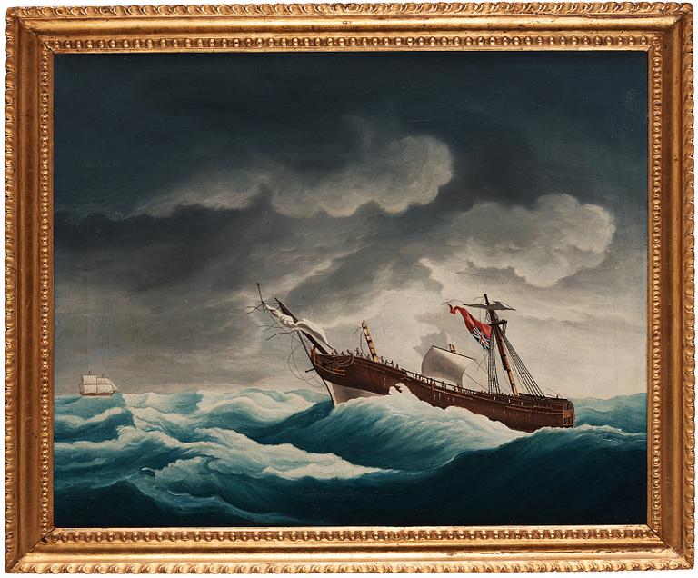 Two Chinese Export paintings of East Indiamen, Qing dynasty, circa 1800.