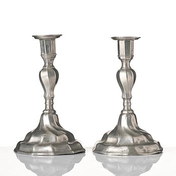 A pair of Rococo pewter candlesticks by G. Östling, Vimmerby (active 1762-90).