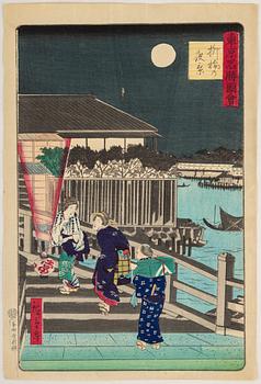 UTAGAWA HIROSHIGE (1797-1858) samt HIROSHIGE II, efter, färgträsnitt, två stycken.  Japan, 1900-tal.