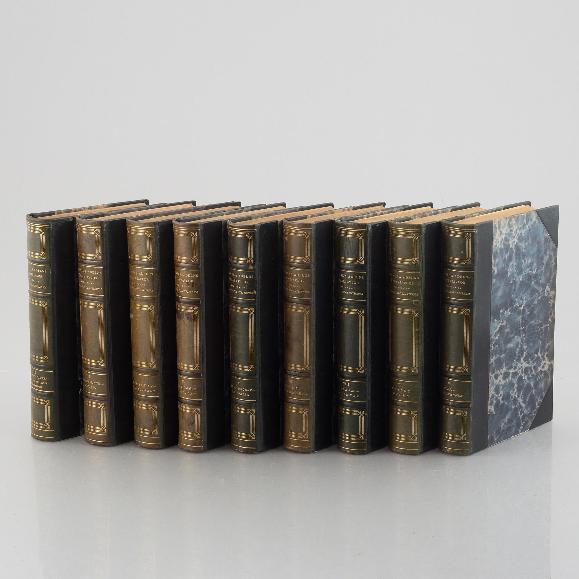 Nine volumes of Gustaf Elgenstierna's 'Den introducerade svenska adelns ättartavlor', 1925-1936.