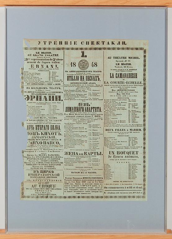 AFFISCH, morgonföreställningar, Kejserliga Teatern, S:t Petersburg 1848.