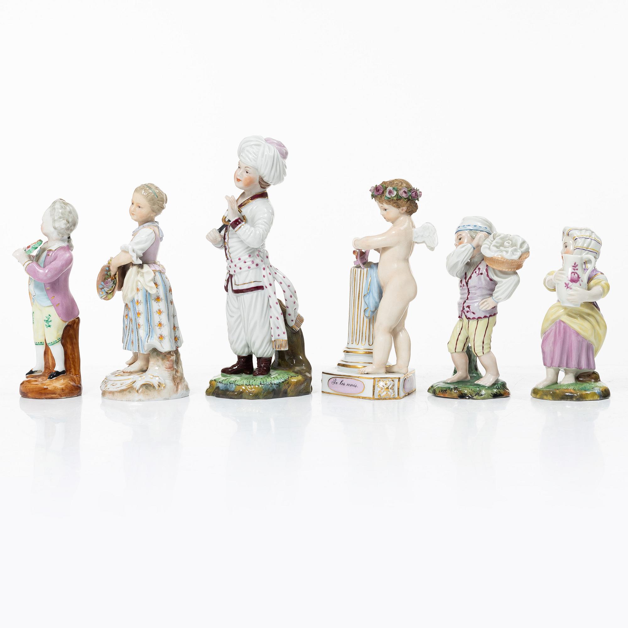 Six porcelain figurines, including Meissen and Höscht, Germany, 19th-20th century.