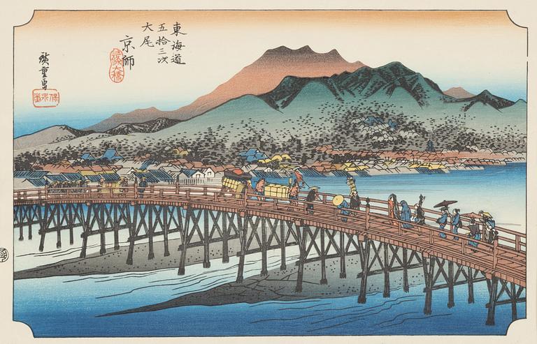 Ando Utagawa Hiroshige, after, a set of nine woodblock prints in colours, Japan, 20th Century.