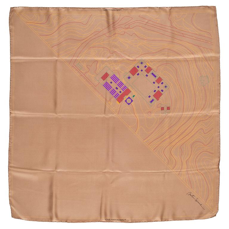 LOUIS VUITTON, a beige silk scarf.