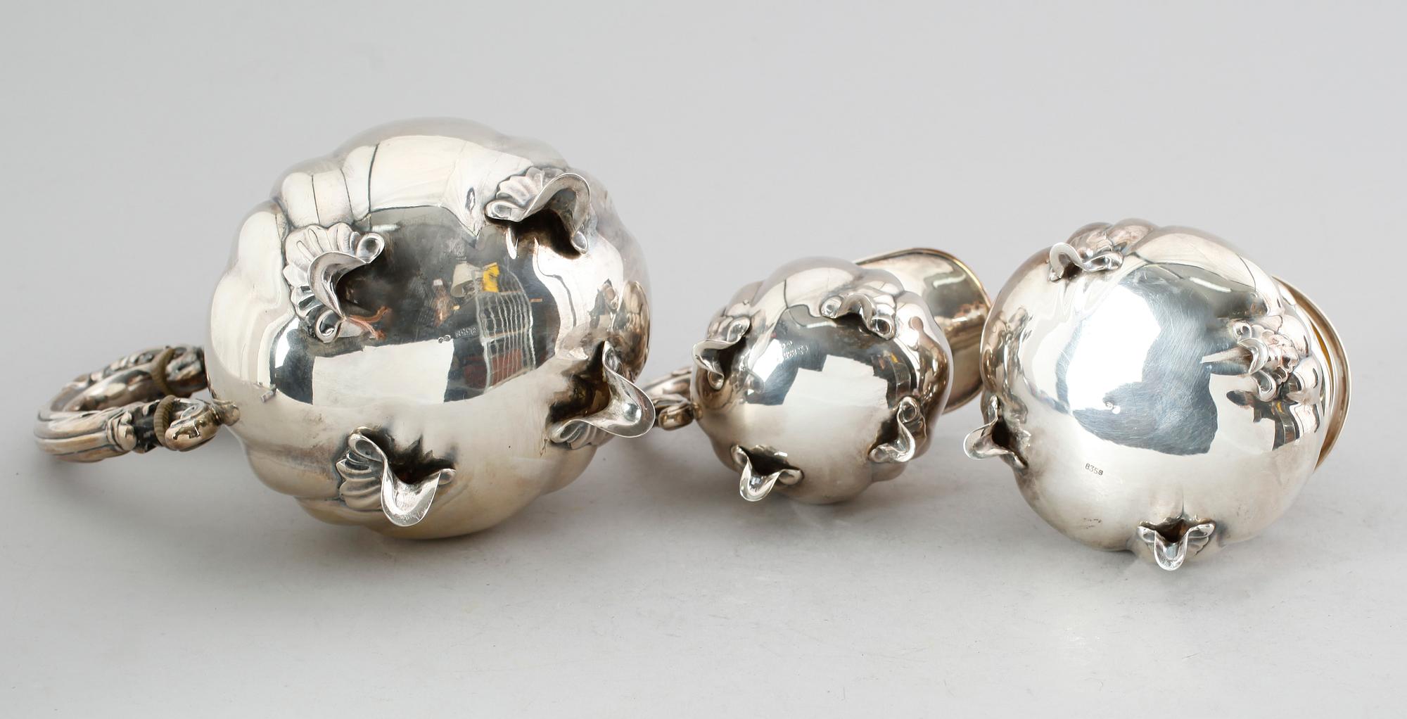 KAFFESERVIS, 3 delar, silver, Tyskland, svenska importstämplar. Vikt ca 1115 gram.
