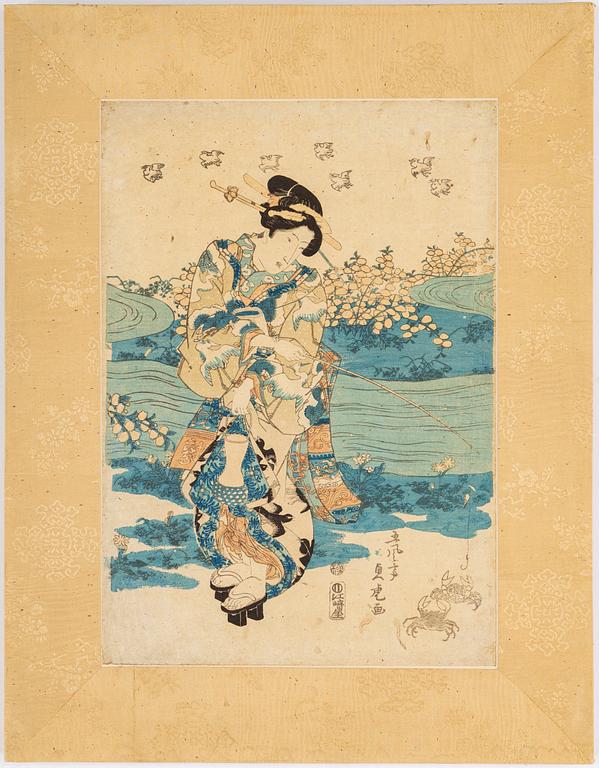 KITAGAWA UTAMARO, samt KATSUKAWA SHUNSHO, after, two color woodblock prints. Japan, late 19th/early 20th century.