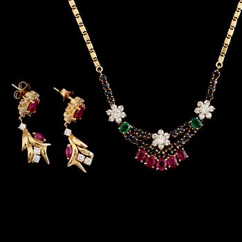 COLLIER OCH ÖRHÄNGEN, 18 k guld och olikfärgade stenar. Total vikt ca 16 g.