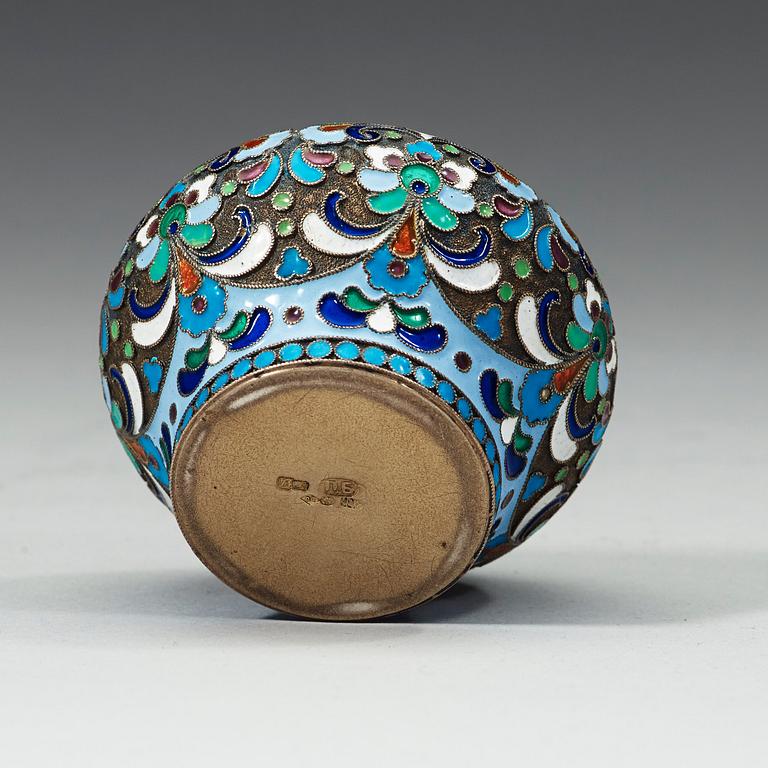 A Russian late 19th century silver-gilt and enamel salt, marks of Pyetr Baskakov, Moscow.