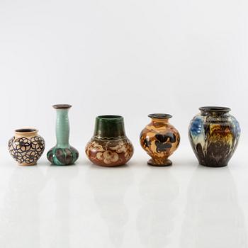 Vases 5 pcs Gabriel Burmeister and Uppsala Ekeby early 20th century glazed stoneware.