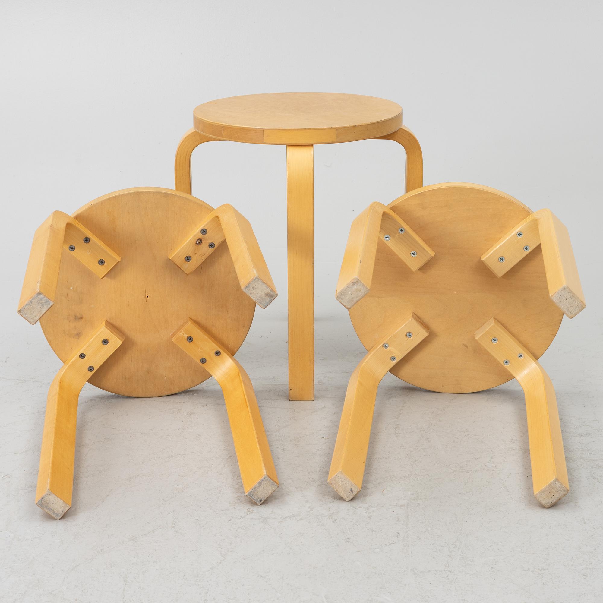 Alvar Aalto, stools, 3 pcs, model E60, Artek, Finland.