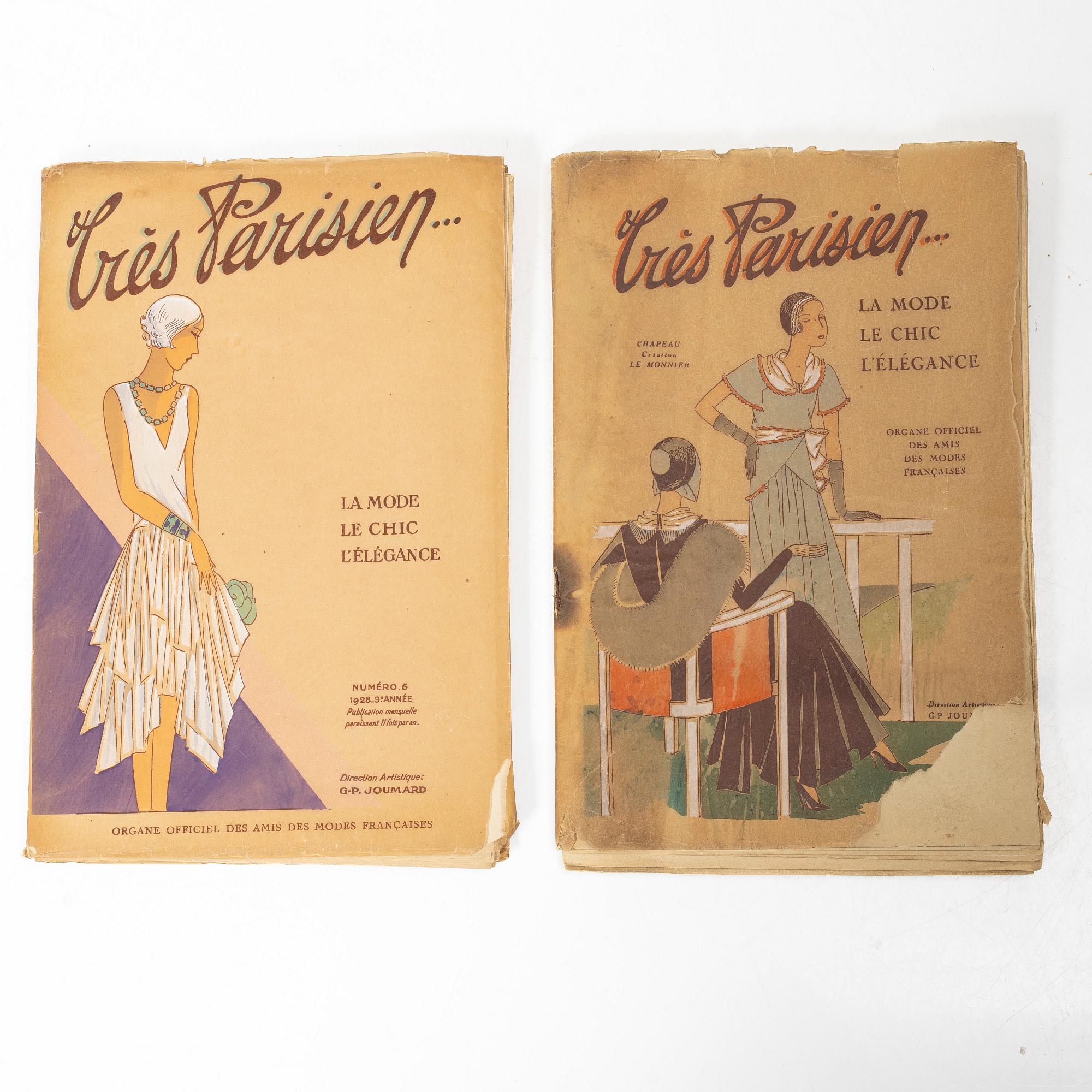 Seven French fashion magazines, 'Trés Parisien', with 123 pochoir fashion plates, Paris, G.-P. Joumard, 1927–31.