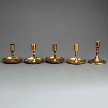 LJUSSTAKAR, 5 st, mässing, 1800-tal.