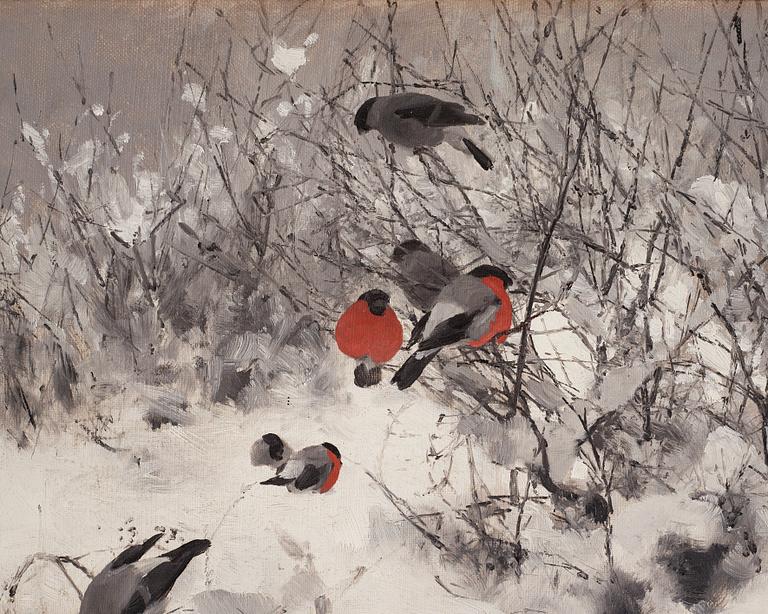 Bruno Liljefors, Winter landscape with bullfinches.