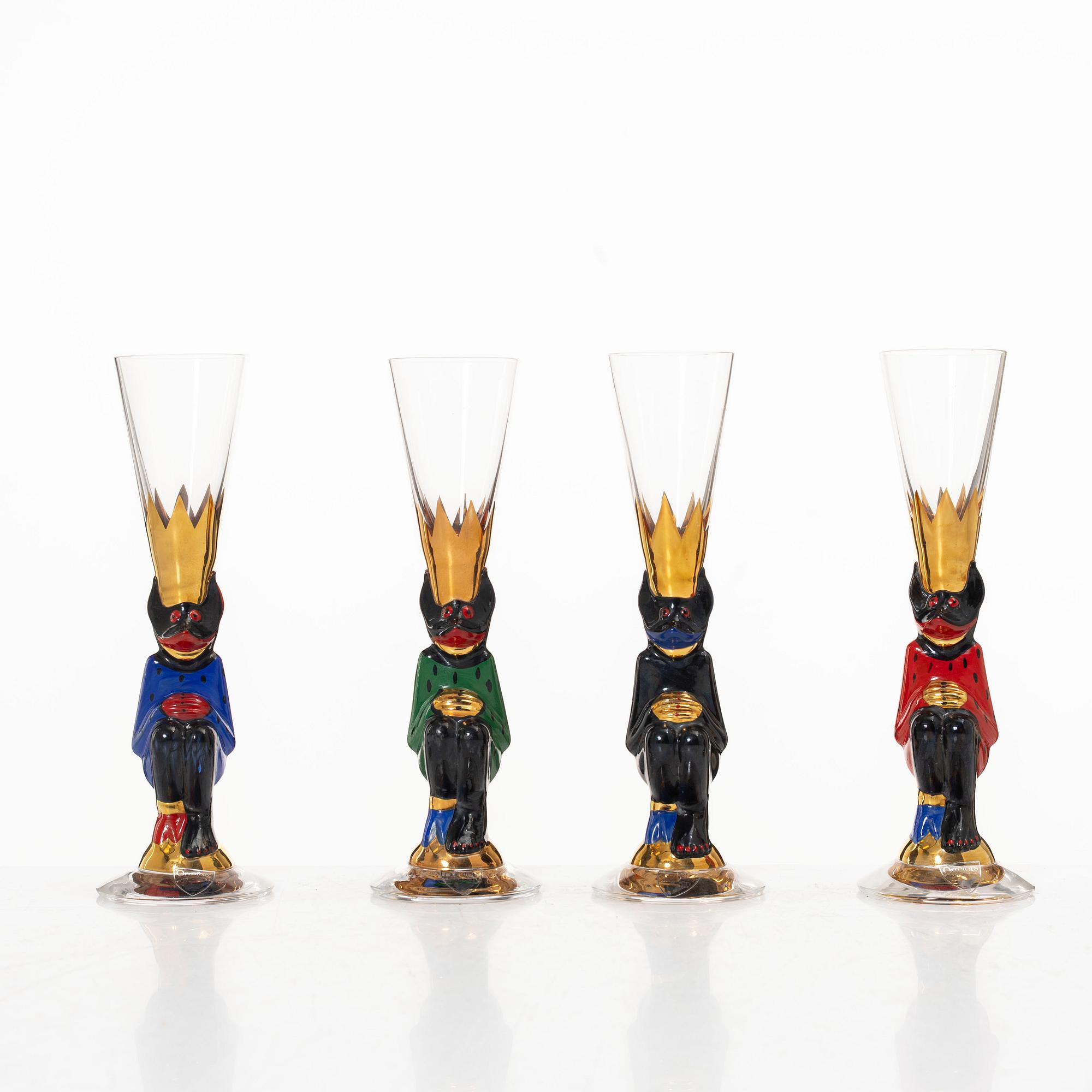 Gunnar Cyrén, snapsglas, 8 st, sk djävulsglas, ur Nobel-servisen, Orrefors.