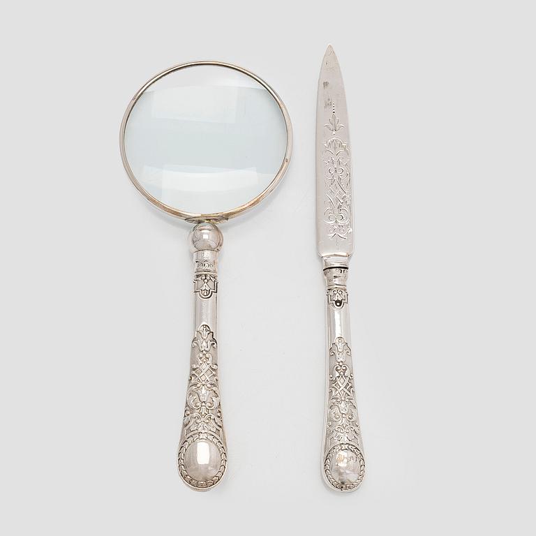 Förstoringsglas och brevkniv, silver, Martin, Hall & Co London 1875. I ask.