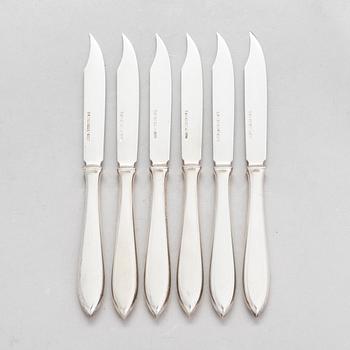 A set of six silver fruit knives, a sweatmeat bowl and a tea strainer, Finland 1922-31.