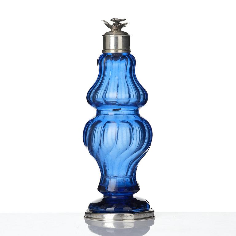 A Swedish Rococo blue glass and silver bottle, marked Lorenz Vick (Ulricehamn 1766-1808).
