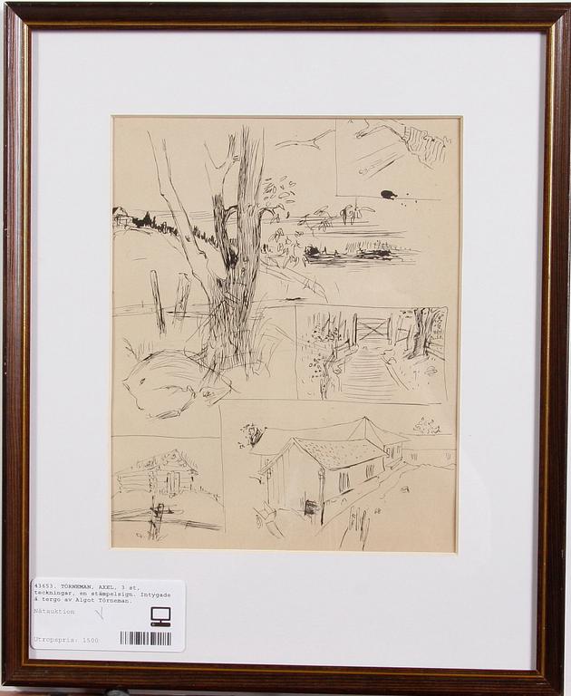 TÖRNEMAN, AXEL, 3 st, teckningar, en stämpelsign. Intygade á tergo av Algot Törneman.