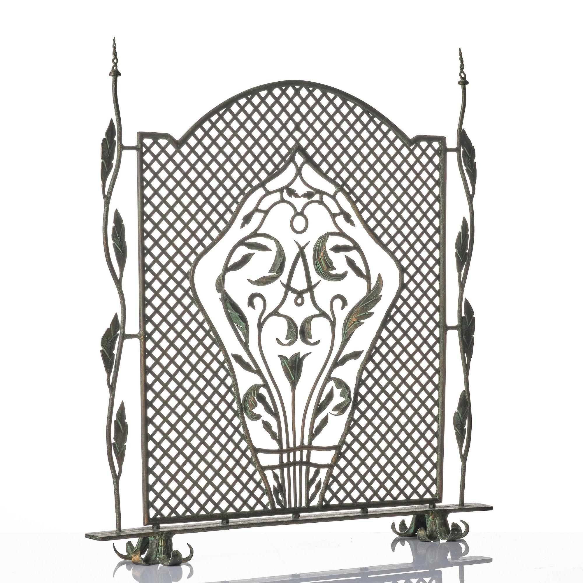 Antti Hakkarainen, attributed to, a fire screen, Taidetakomo Antti Hakkarainen, patinated metal, Finland probably 1920s.