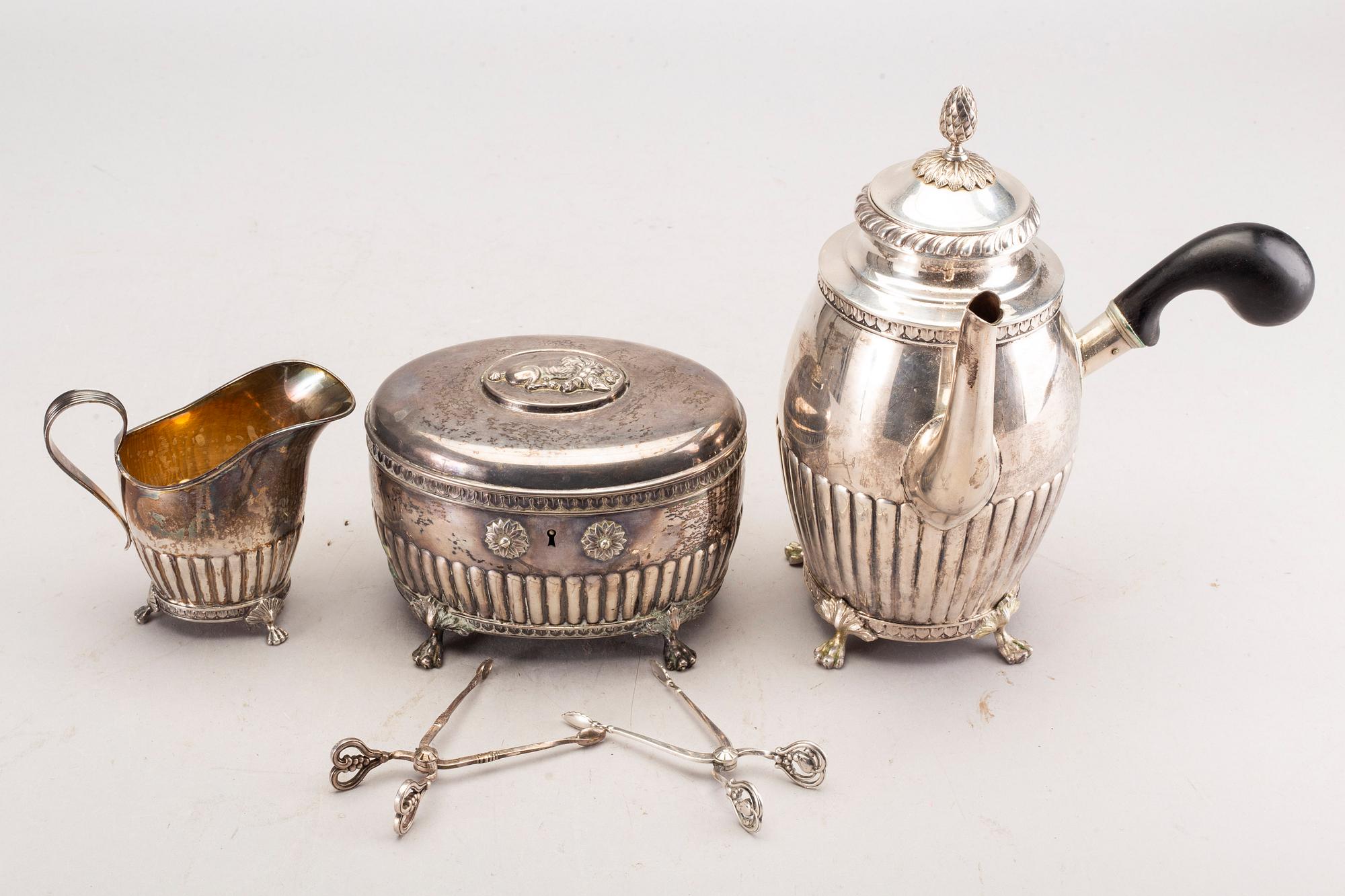 Kaffeservis, silver, 3 delar, bland annat GAB, Stockholm, 1908.