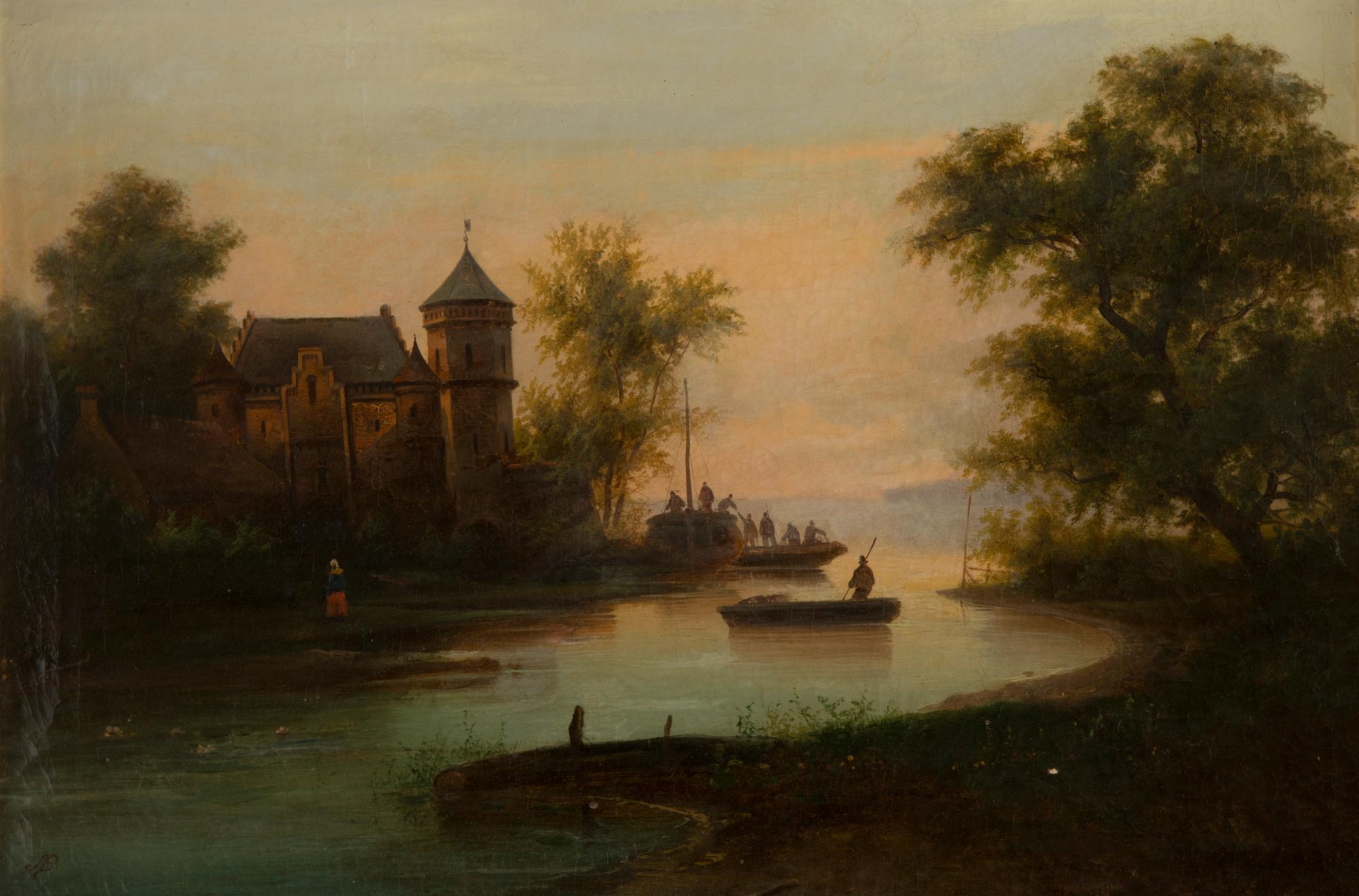 Skymningslandskap med figurstaffage.