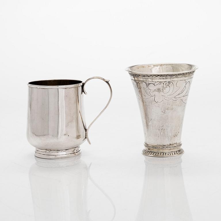 Two silver beakers, mark of Daniel Lundström, Stockholm 1765, and maker's mark ET, Tammisaari, Finland 1883.