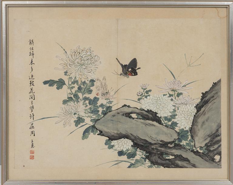 Unidentified artist, 'Butterflies and chrysanthemum with a scholars rock', signed 'Zizhen', late 19th cent/around 1900.