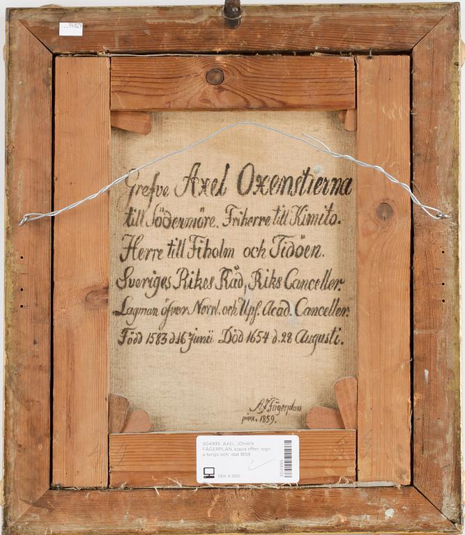 AXEL JOHAN FÄGERPLAN, sign a tergo och -dat 1859.