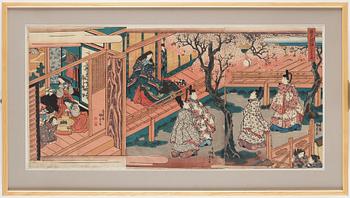 UTAGAWA KUNISADA, även kallad Toyokuni III (1786-1864), triptyk, färgträsnitt. Japan, "The Tale of Genji".