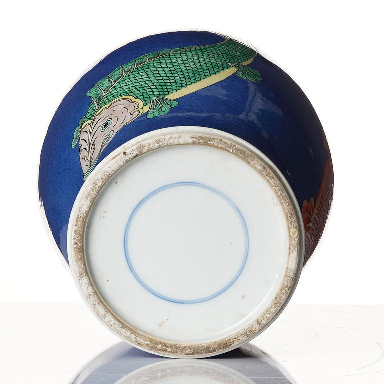 A powder blue and enamelled 'fish' vase, late Qing dynasty.