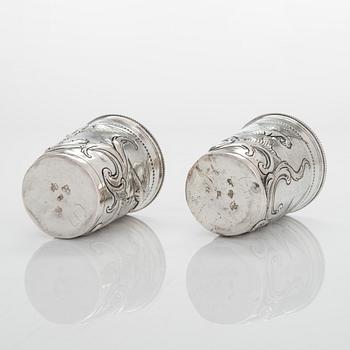 A pair of late 18th-century silver beakers, unknown maker's mark, alderman Alexei Kosirev, Moscow 1791.