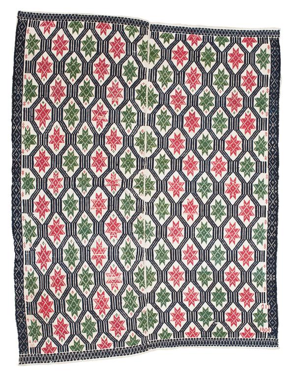 BED COVER, weft-patterned tabby type. "Star bed cover". 157 x 116,5 cm. Scania, Sweden, signed IID (?) and dated 1806 (9?). Probably Bara district.