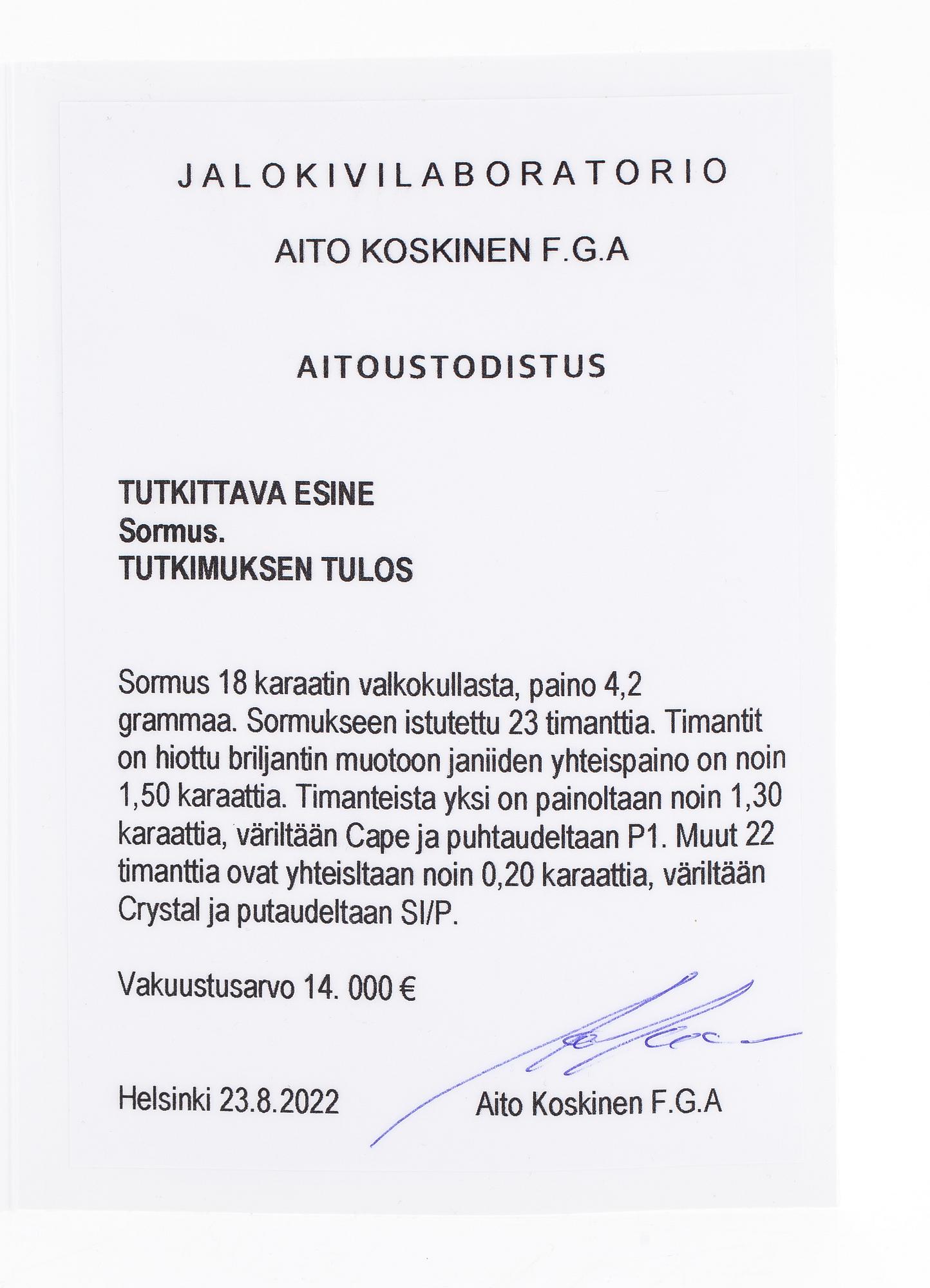 Ring, 18K vitguld och diamanter ca 1.50 ct totalt. Med certifikat.