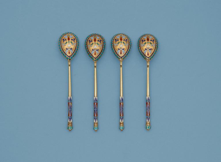 A set of four Russian 19th century silver-gilt coffee-spoons, unidentified makers mark, Moscow 1880's.