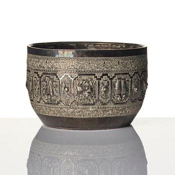 A Chinese brushpot, Qing dynasty, circa 1900. An archaistic bronze ewer and a silvered South East Asian bowl with stand.