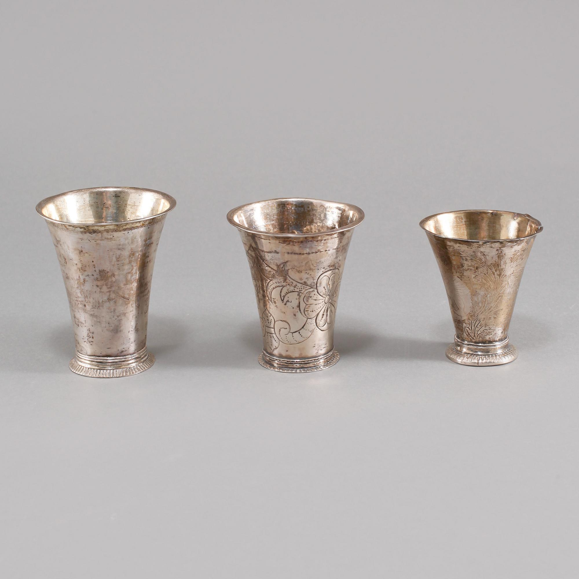 BÄGARE, 3 st, silver, bl a Sverige, 1700/1800-tal, vikt 132 gram.