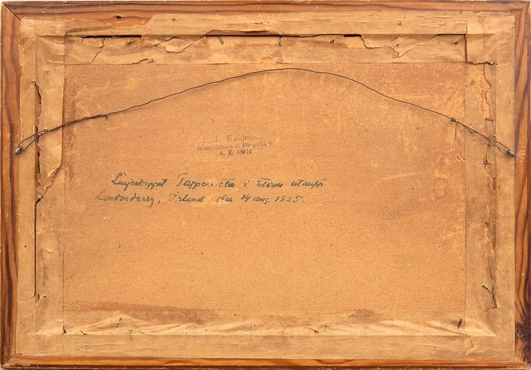 Okänd konstnär 1800-tal,  "Skeppet Tapperheten i storm utanför Londonderry, Irland, d 14 augusti 1825".