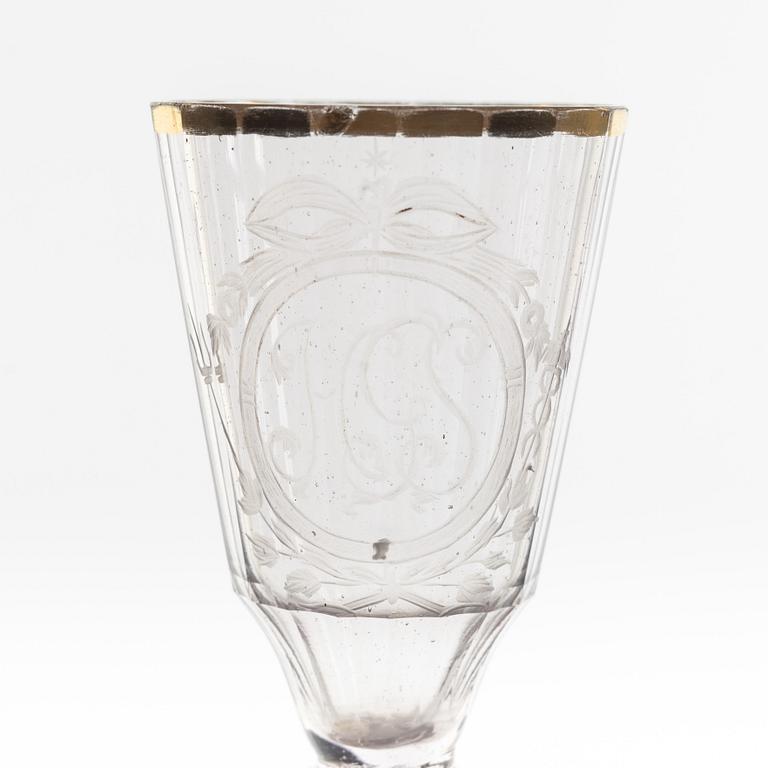 A set of two wineglasses and a small glass, 18th century.