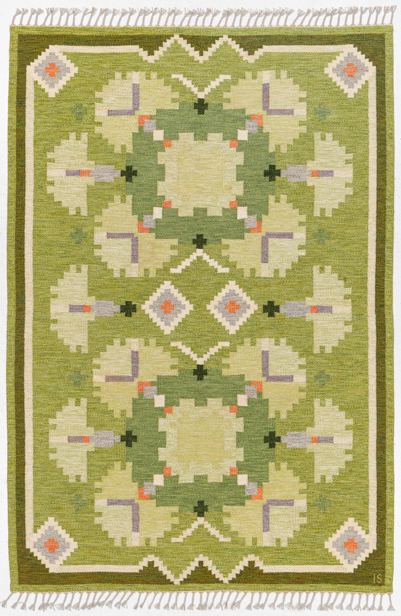 Ingegerd Silow, a carpet,'Nejlikan', flat weave, c 283 x 194 cm, signed IS.