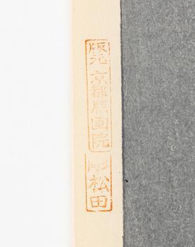 Ohno Bakufu, Motif of a bird and flowering roses, and a vase with prunus, peonies, daffodils and an orchid.